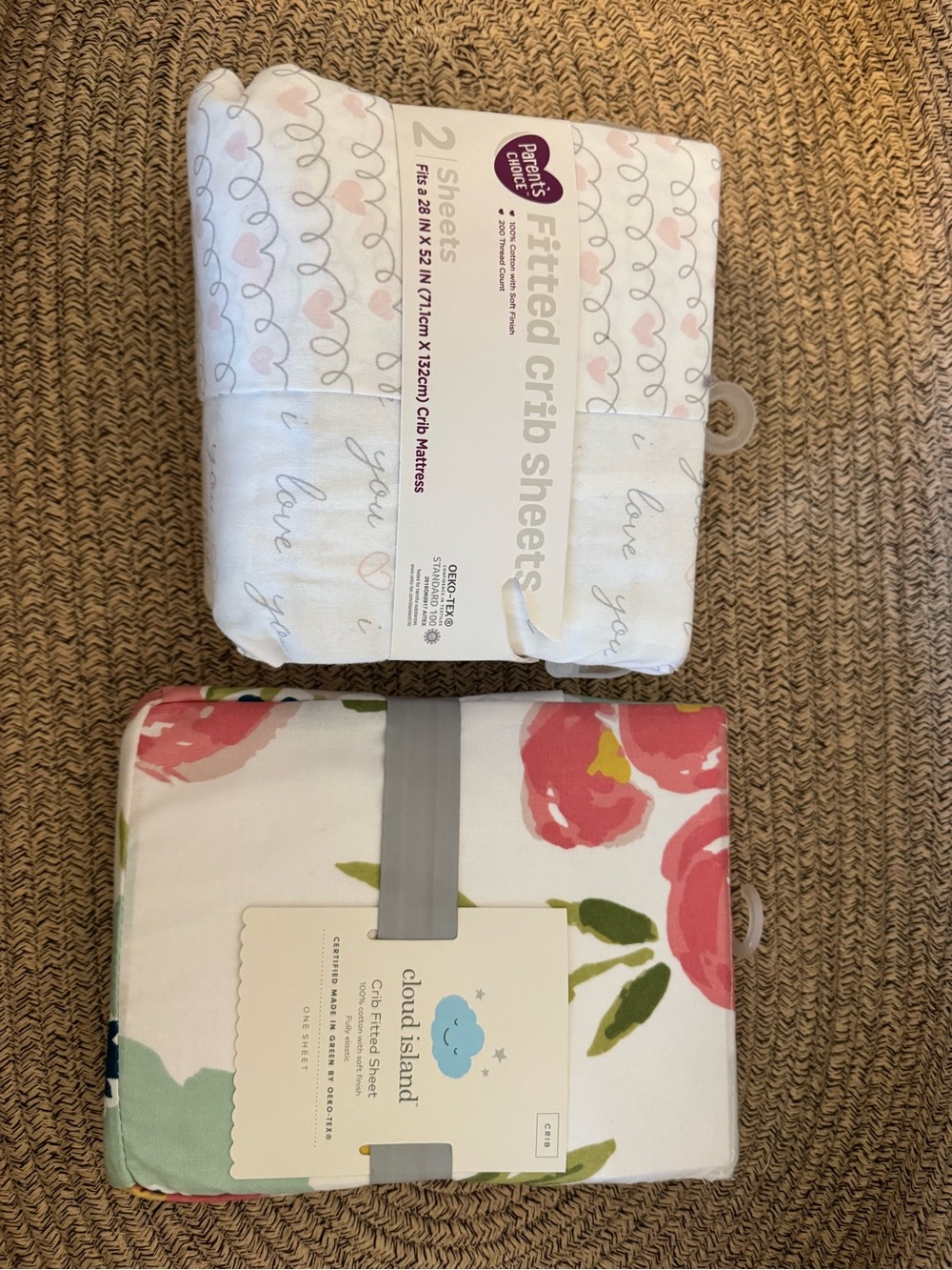 cloud island Floral and Scripted Heart Fitted Crib Sheets - Pink & White